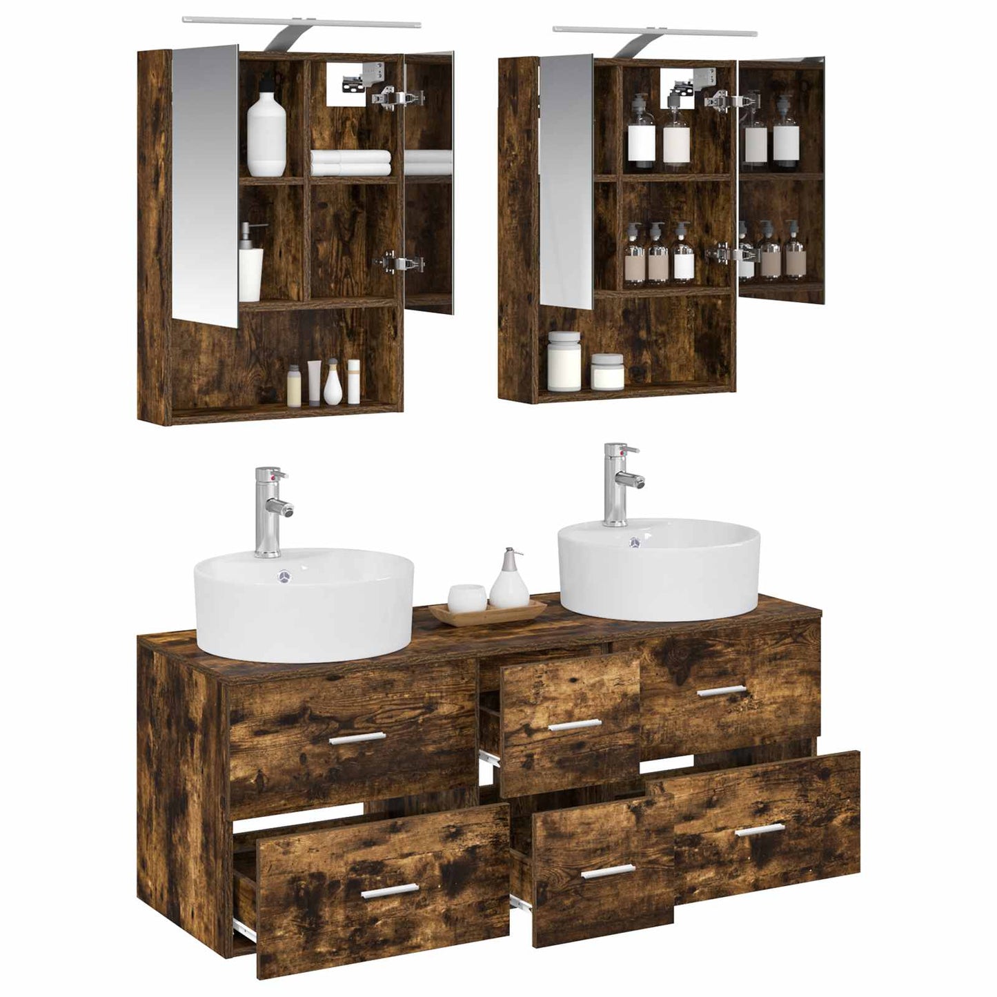 Badkamermeubelset 5 pcs Gerookt eiken Bewerkt hout en glas is nu te koop bij PeponiXL, paradijselijk wonen!