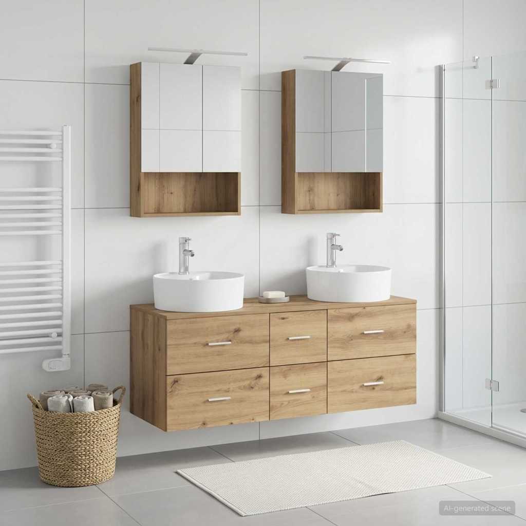 Badkamermeubelset 5 st Artisanaal eiken Bewerkt hout en glas is nu te koop bij PeponiXL, paradijselijk wonen!