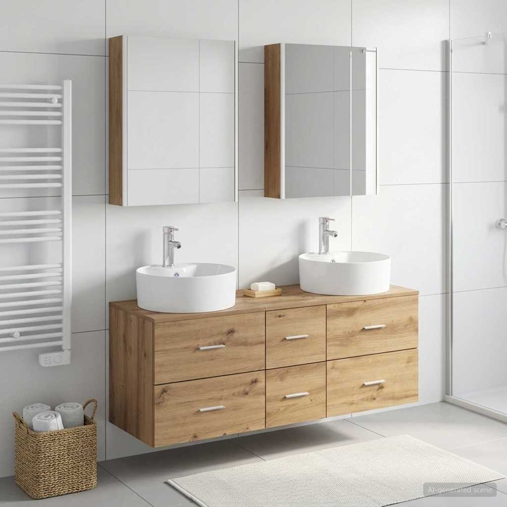Badkamermeubelset 5 st Artisanaal eiken Bewerkt hout en glas is nu te koop bij PeponiXL, paradijselijk wonen!