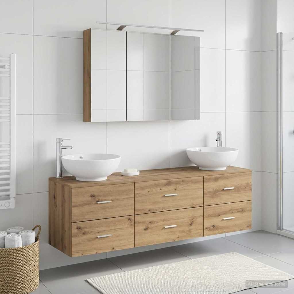 Badkamermeubelset 4 st Artisanaal eiken Bewerkt hout en glas is nu te koop bij PeponiXL, paradijselijk wonen!