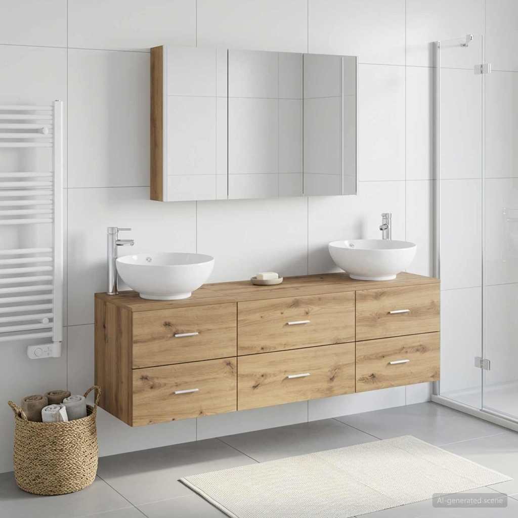 Badkamermeubelset 4 st Artisanaal eiken Bewerkt hout en glas is nu te koop bij PeponiXL, paradijselijk wonen!