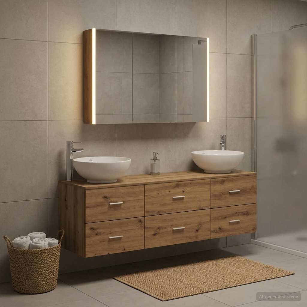 Badkamermeubelset 4 st Artisanaal eiken Bewerkt hout en glas is nu te koop bij PeponiXL, paradijselijk wonen!