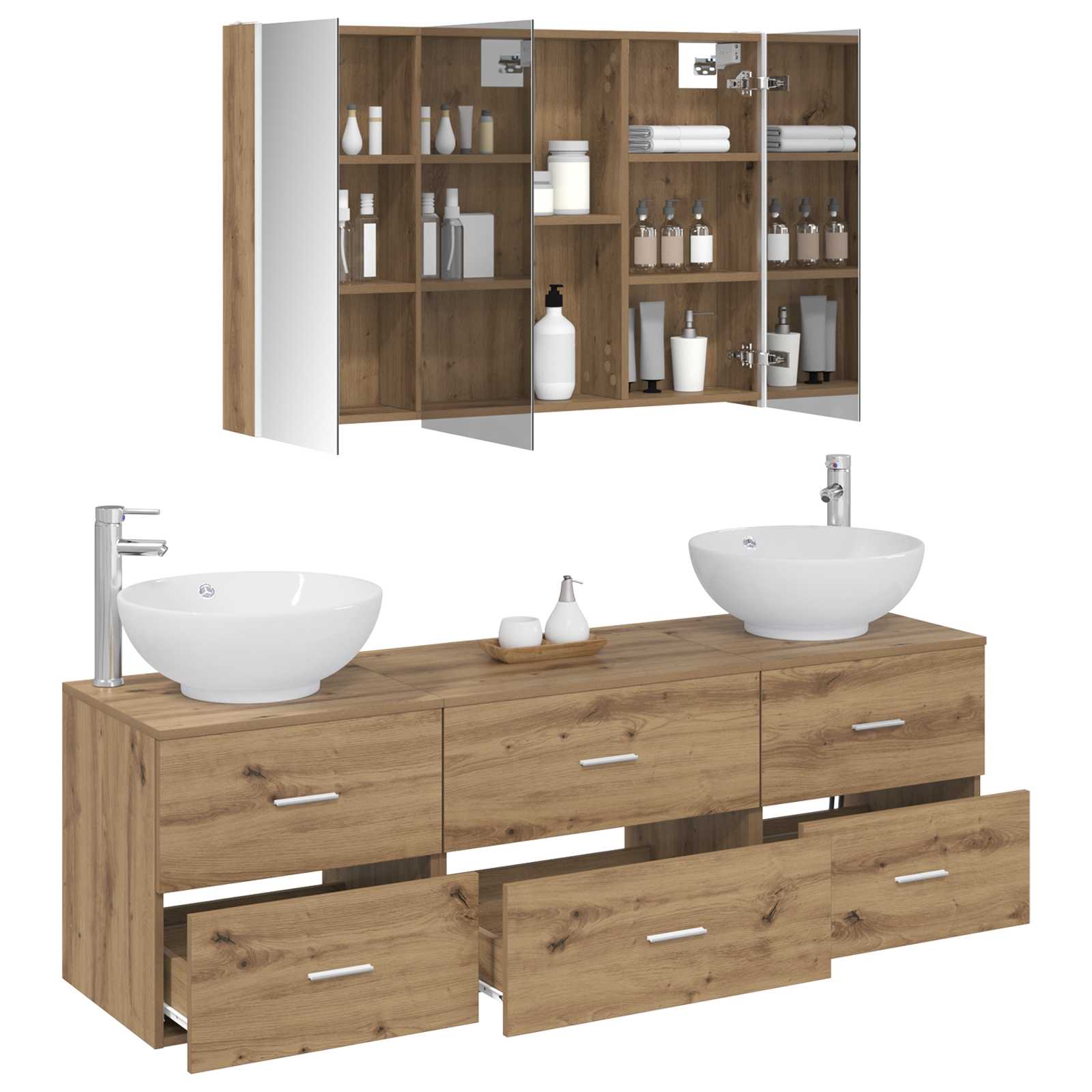 Badkamermeubelset 4 st Artisanaal eiken Bewerkt hout en glas is nu te koop bij PeponiXL, paradijselijk wonen!