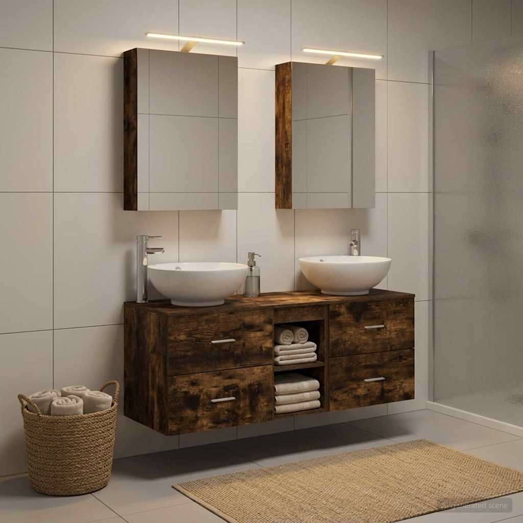 Badkamermeubelset 5 pcs Gerookt eiken Bewerkt hout en glas is nu te koop bij PeponiXL, paradijselijk wonen!