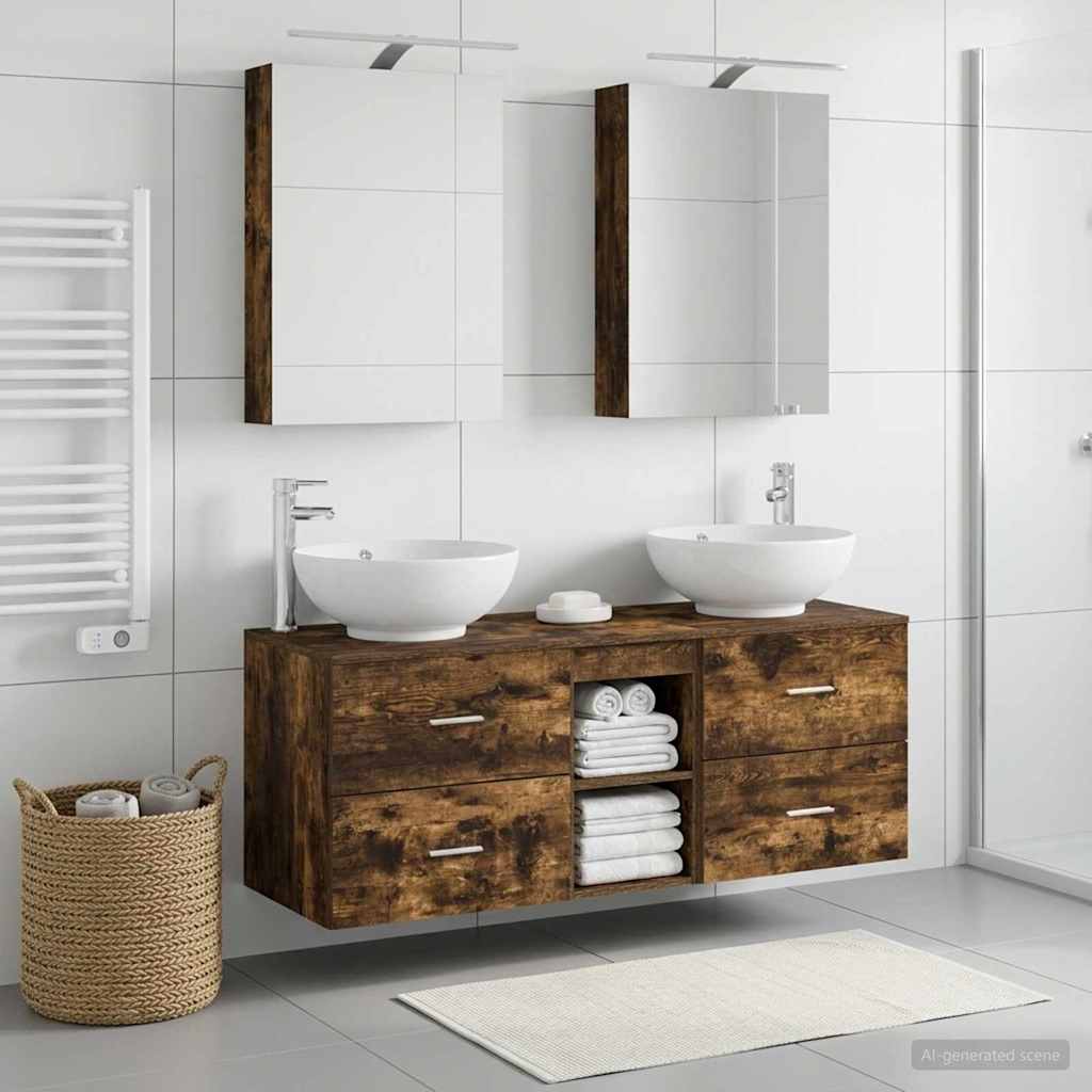 Badkamermeubelset 5 pcs Gerookt eiken Bewerkt hout en glas is nu te koop bij PeponiXL, paradijselijk wonen!