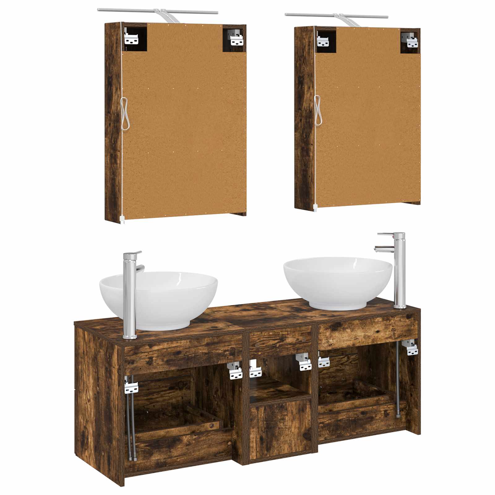 Badkamermeubelset 5 pcs Gerookt eiken Bewerkt hout en glas is nu te koop bij PeponiXL, paradijselijk wonen!