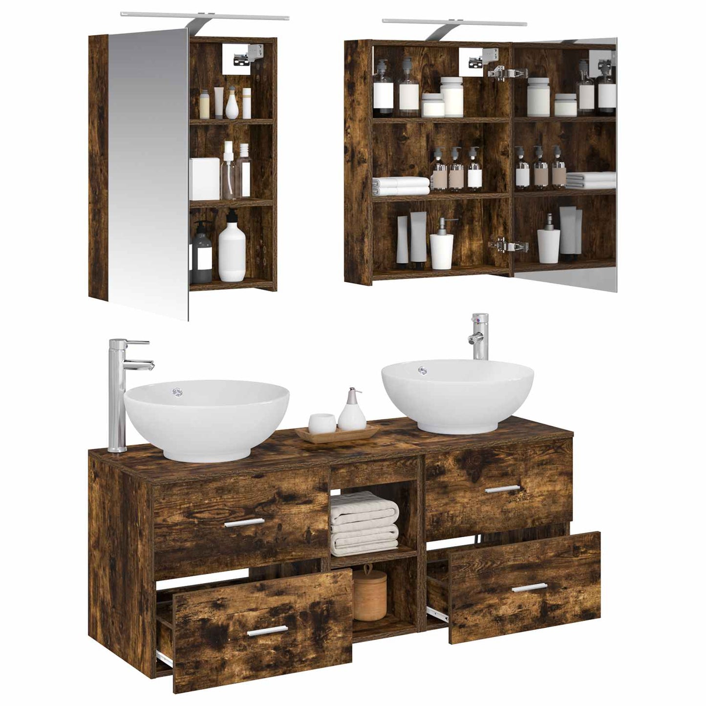 Badkamermeubelset 5 pcs Gerookt eiken Bewerkt hout en glas is nu te koop bij PeponiXL, paradijselijk wonen!