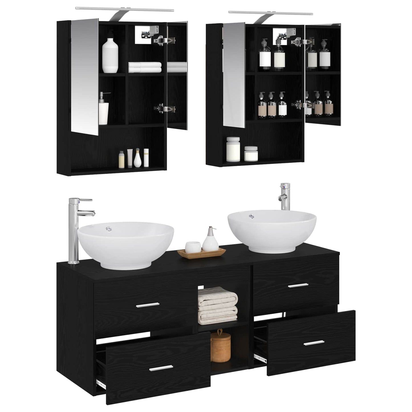 Badkamermeubelset 5 pcs Zwart eiken Bewerkt hout en glas is nu te koop bij PeponiXL, paradijselijk wonen!