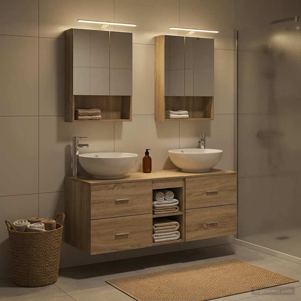 Badkamermeubelset 5 pcs Sonoma Eiken Bewerkt hout en glas is nu te koop bij PeponiXL, paradijselijk wonen!