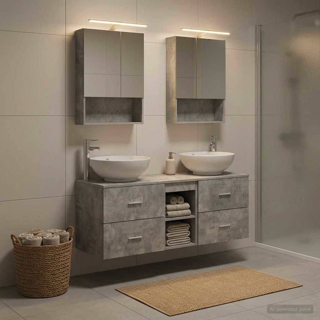 Badkamermeubelset 5 pcs Betongrijs Bewerkt hout en glas is nu te koop bij PeponiXL, paradijselijk wonen!
