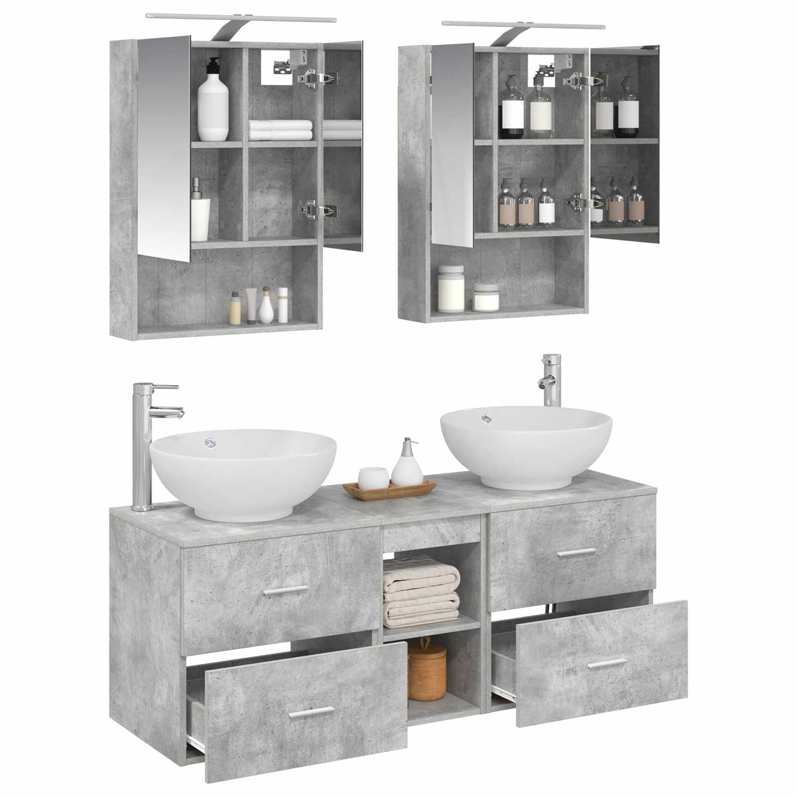 Badkamermeubelset 5 pcs Betongrijs Bewerkt hout en glas is nu te koop bij PeponiXL, paradijselijk wonen!