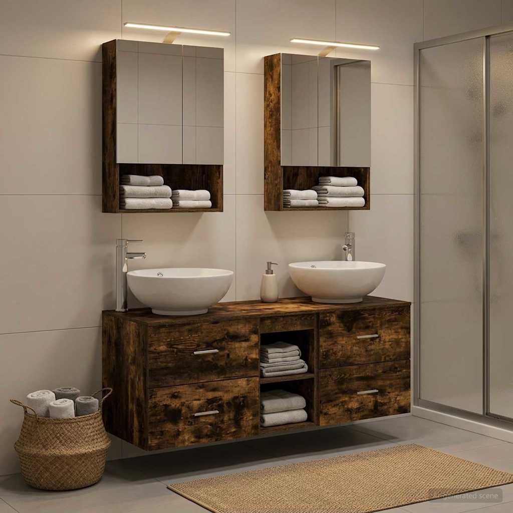 Badkamermeubelset 5 pcs Gerookt eiken Bewerkt hout en glas is nu te koop bij PeponiXL, paradijselijk wonen!