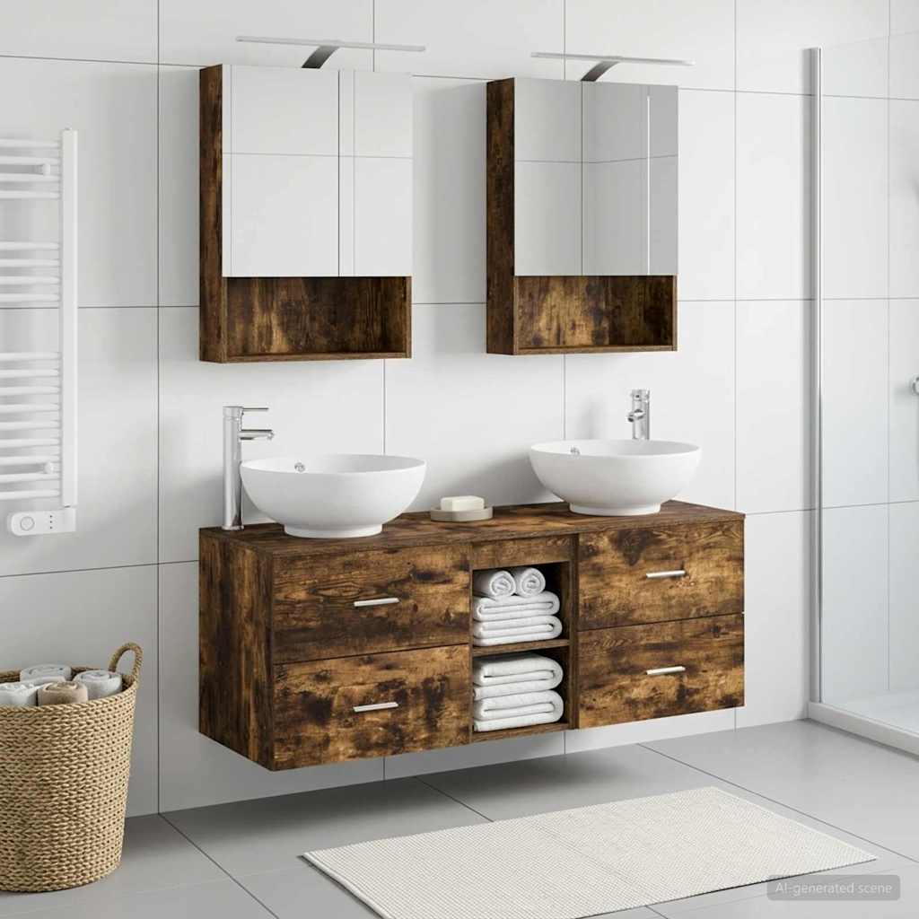 Badkamermeubelset 5 pcs Gerookt eiken Bewerkt hout en glas is nu te koop bij PeponiXL, paradijselijk wonen!