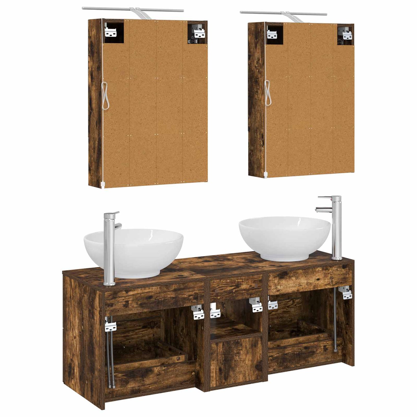 Badkamermeubelset 5 pcs Gerookt eiken Bewerkt hout en glas is nu te koop bij PeponiXL, paradijselijk wonen!