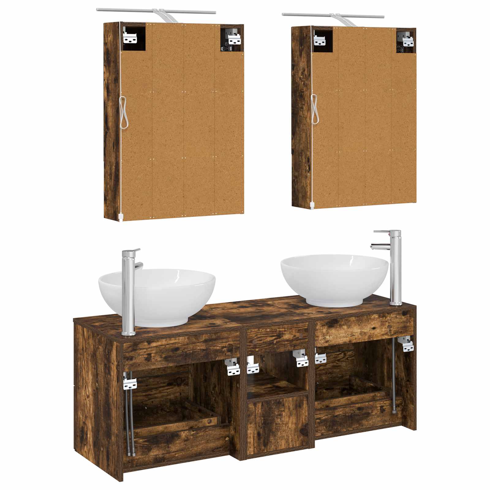 Badkamermeubelset 5 pcs Gerookt eiken Bewerkt hout en glas is nu te koop bij PeponiXL, paradijselijk wonen!