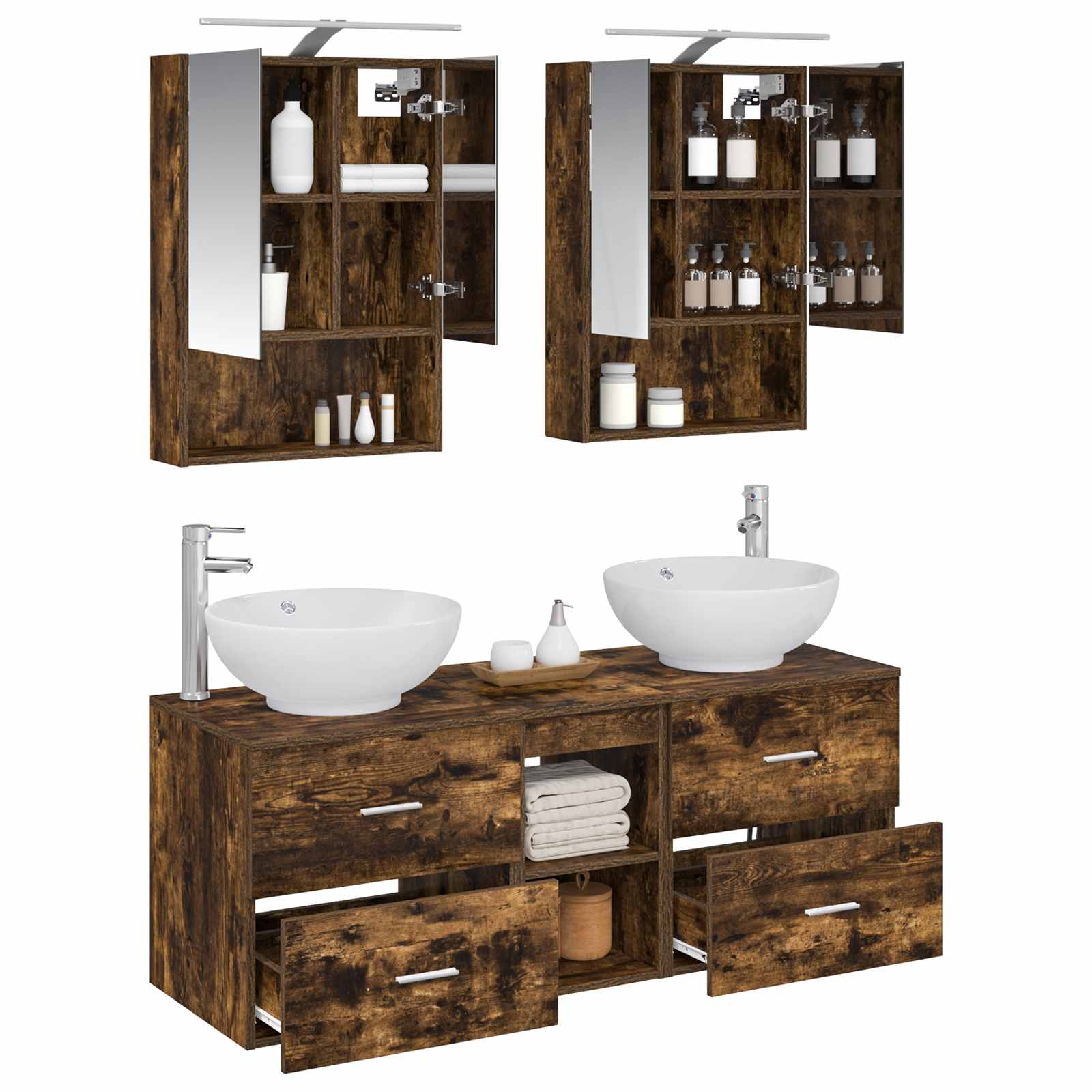 Badkamermeubelset 5 pcs Gerookt eiken Bewerkt hout en glas is nu te koop bij PeponiXL, paradijselijk wonen!