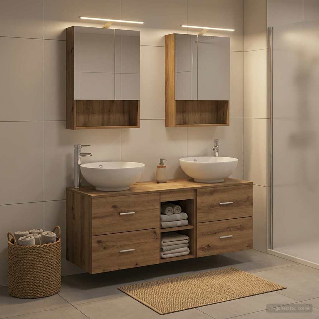 Badkamermeubelset 5 st Artisanaal eiken Bewerkt hout en glas is nu te koop bij PeponiXL, paradijselijk wonen!