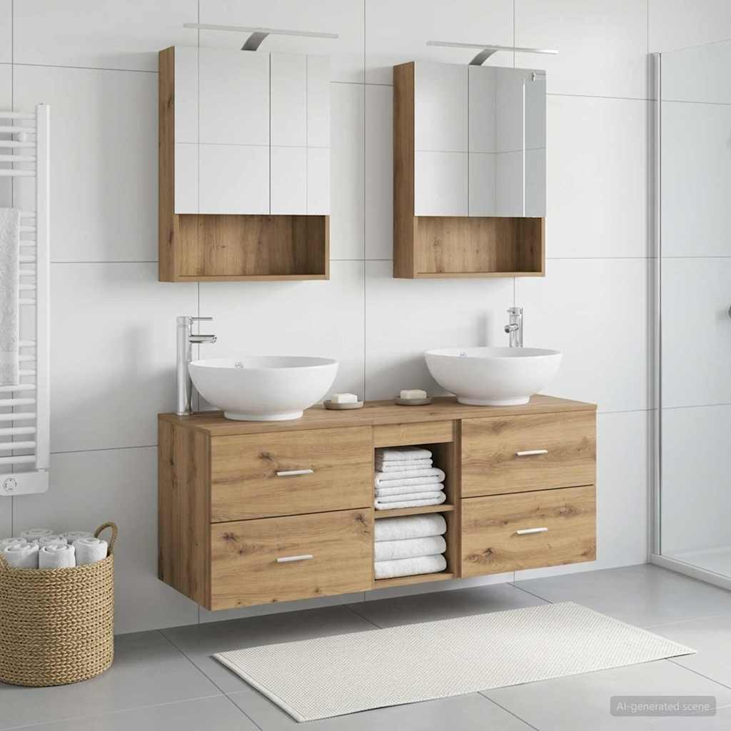 Badkamermeubelset 5 st Artisanaal eiken Bewerkt hout en glas is nu te koop bij PeponiXL, paradijselijk wonen!
