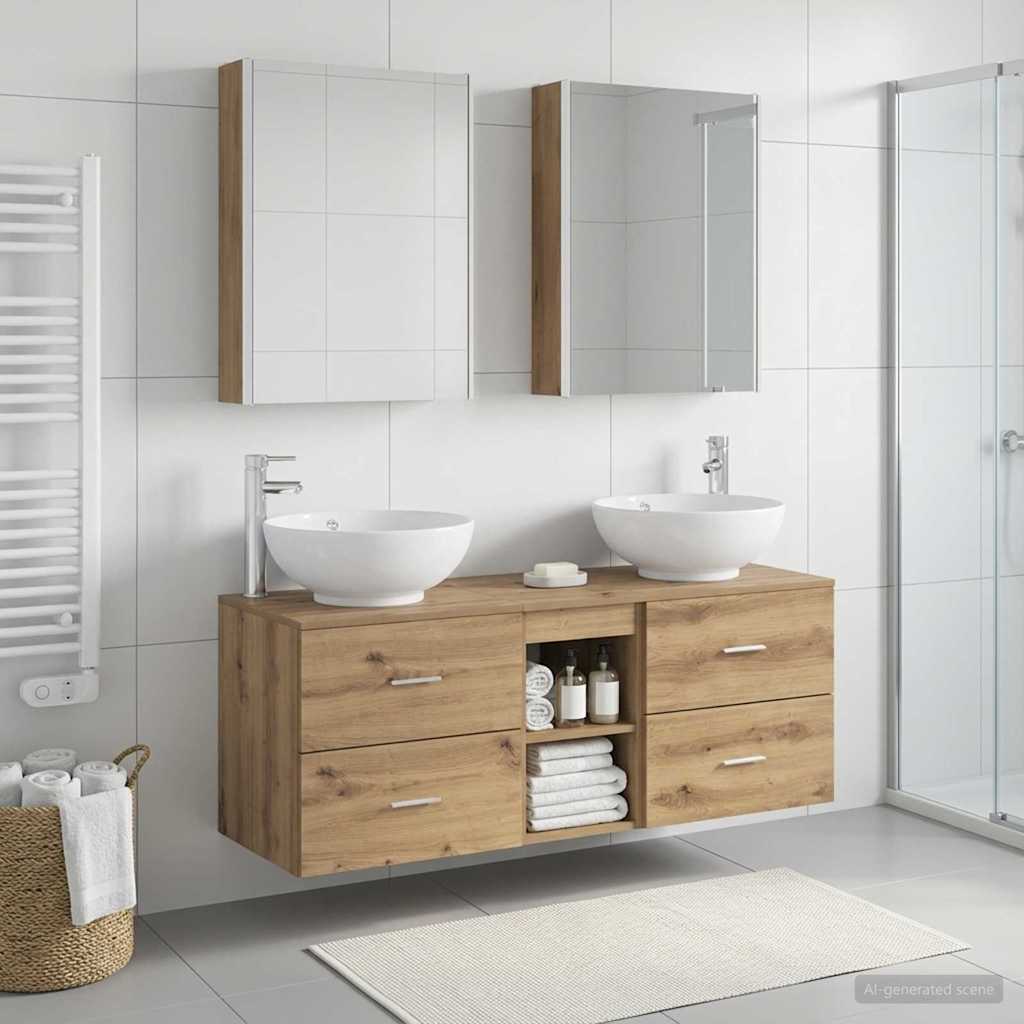 Badkamermeubelset 5 st Artisanaal eiken Bewerkt hout en glas is nu te koop bij PeponiXL, paradijselijk wonen!
