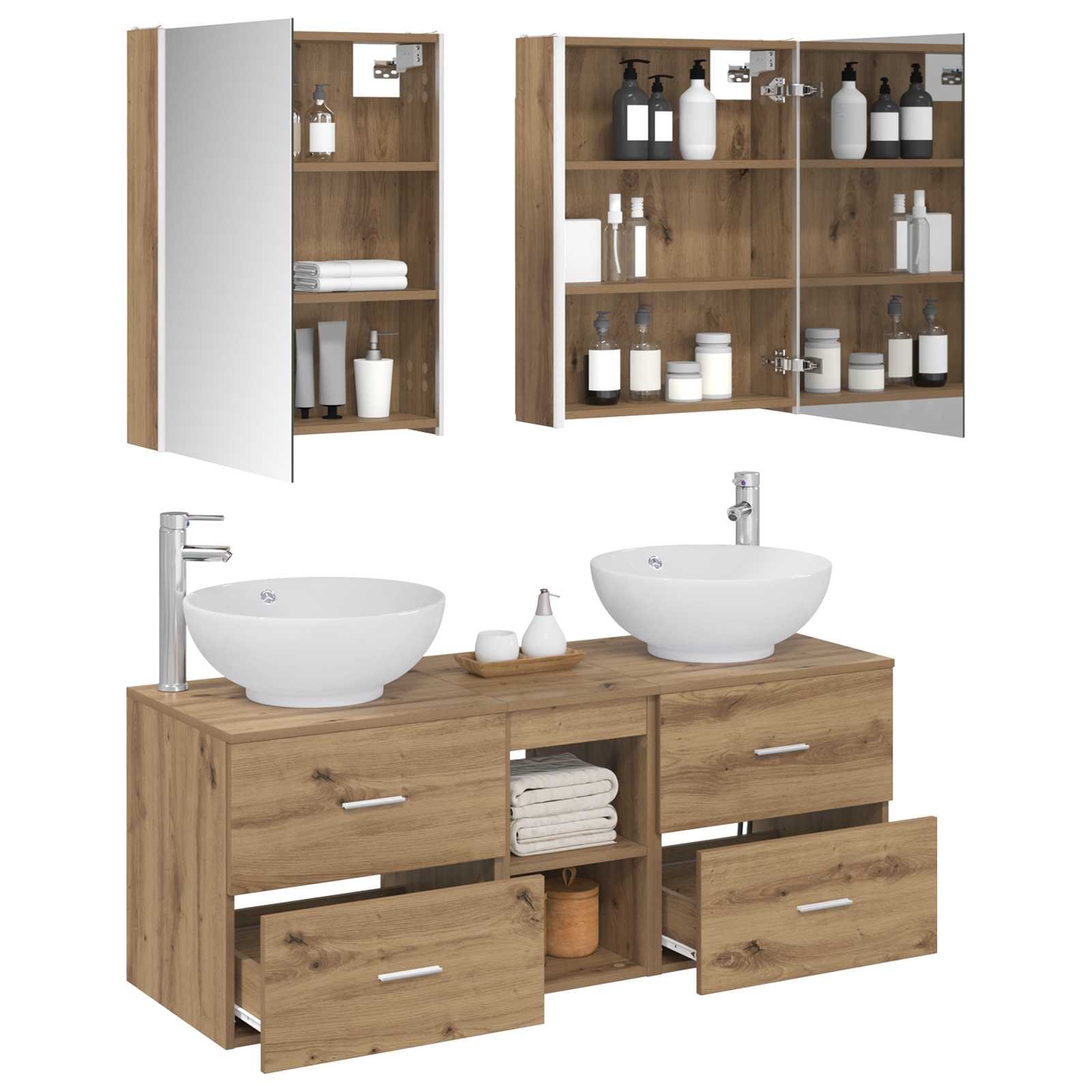 Badkamermeubelset 5 st Artisanaal eiken Bewerkt hout en glas is nu te koop bij PeponiXL, paradijselijk wonen!