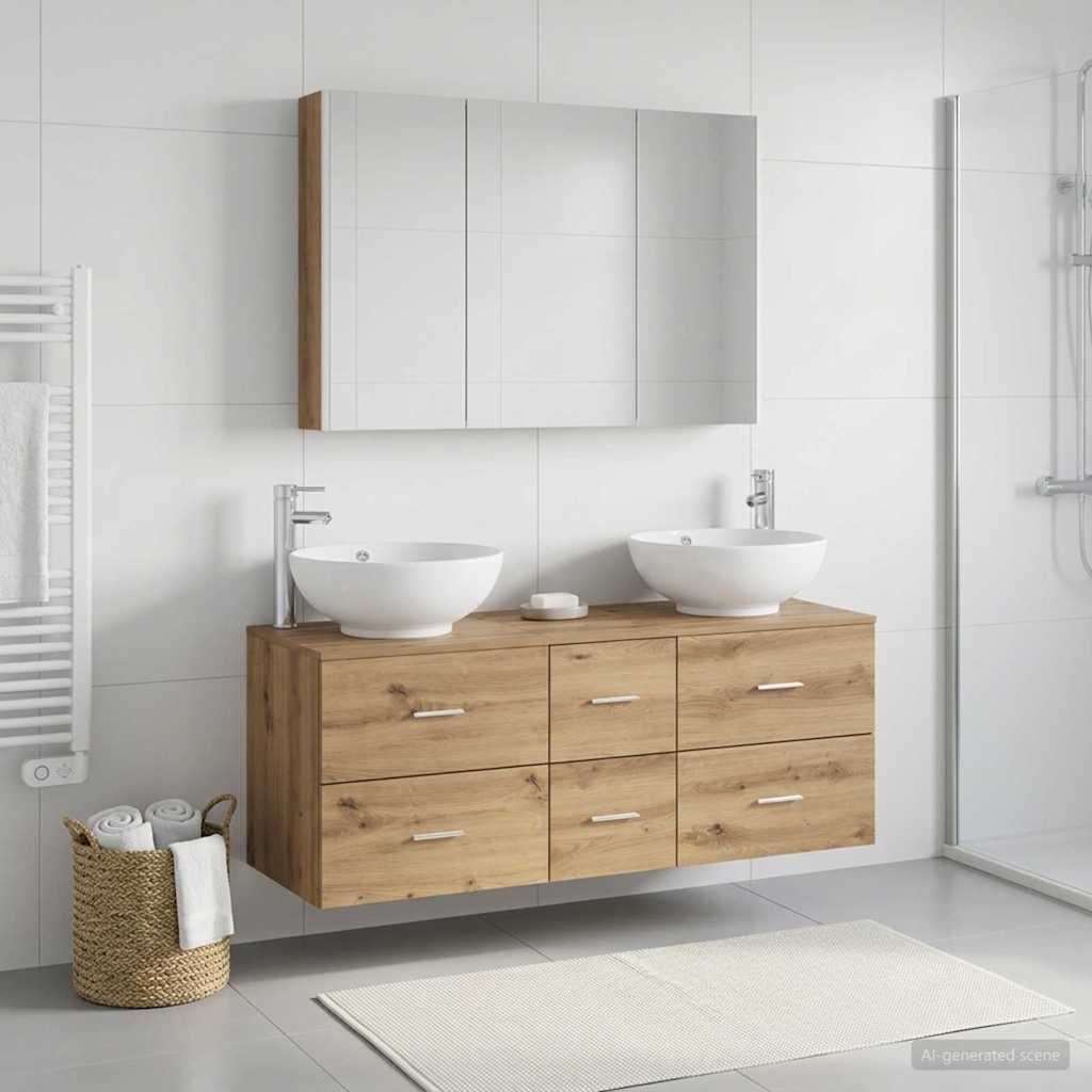 Badkamermeubelset 4 st Artisanaal eiken Bewerkt hout en glas is nu te koop bij PeponiXL, paradijselijk wonen!