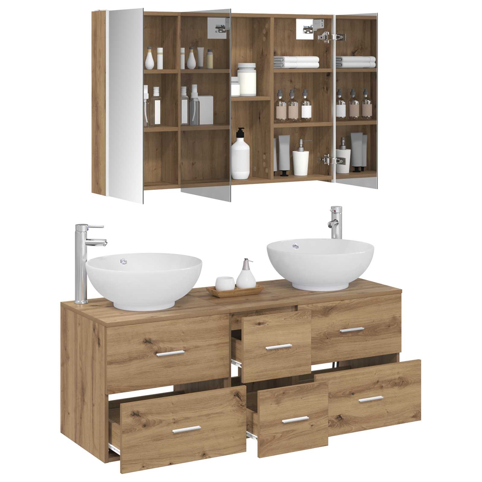 Badkamermeubelset 4 st Artisanaal eiken Bewerkt hout en glas is nu te koop bij PeponiXL, paradijselijk wonen!