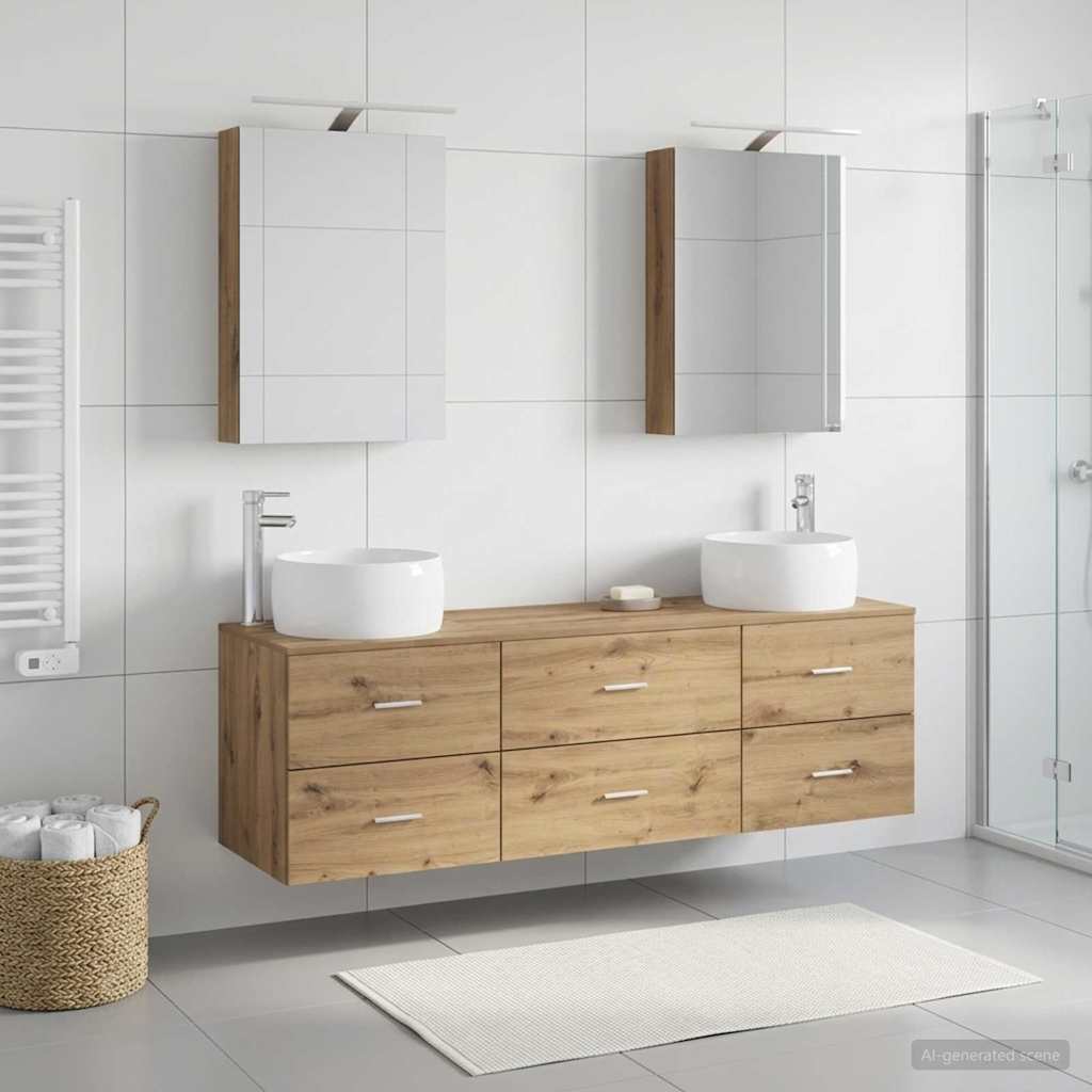 Badkamermeubelset 5 pcs Artisanaal eiken Bewerkt hout en glas is nu te koop bij PeponiXL, paradijselijk wonen!