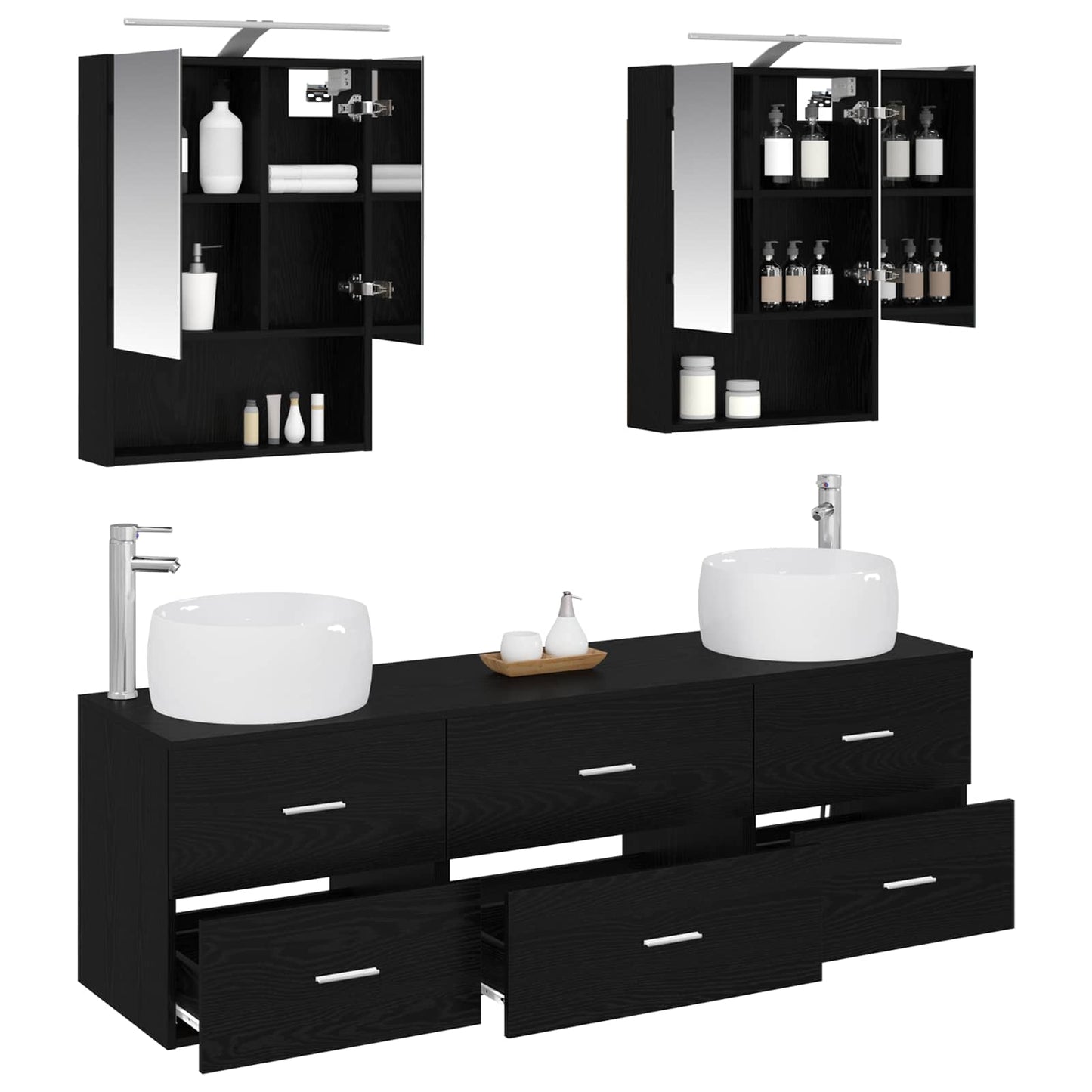 Badkamermeubelset 5 pcs Zwart eiken Bewerkt hout en glas is nu te koop bij PeponiXL, paradijselijk wonen!