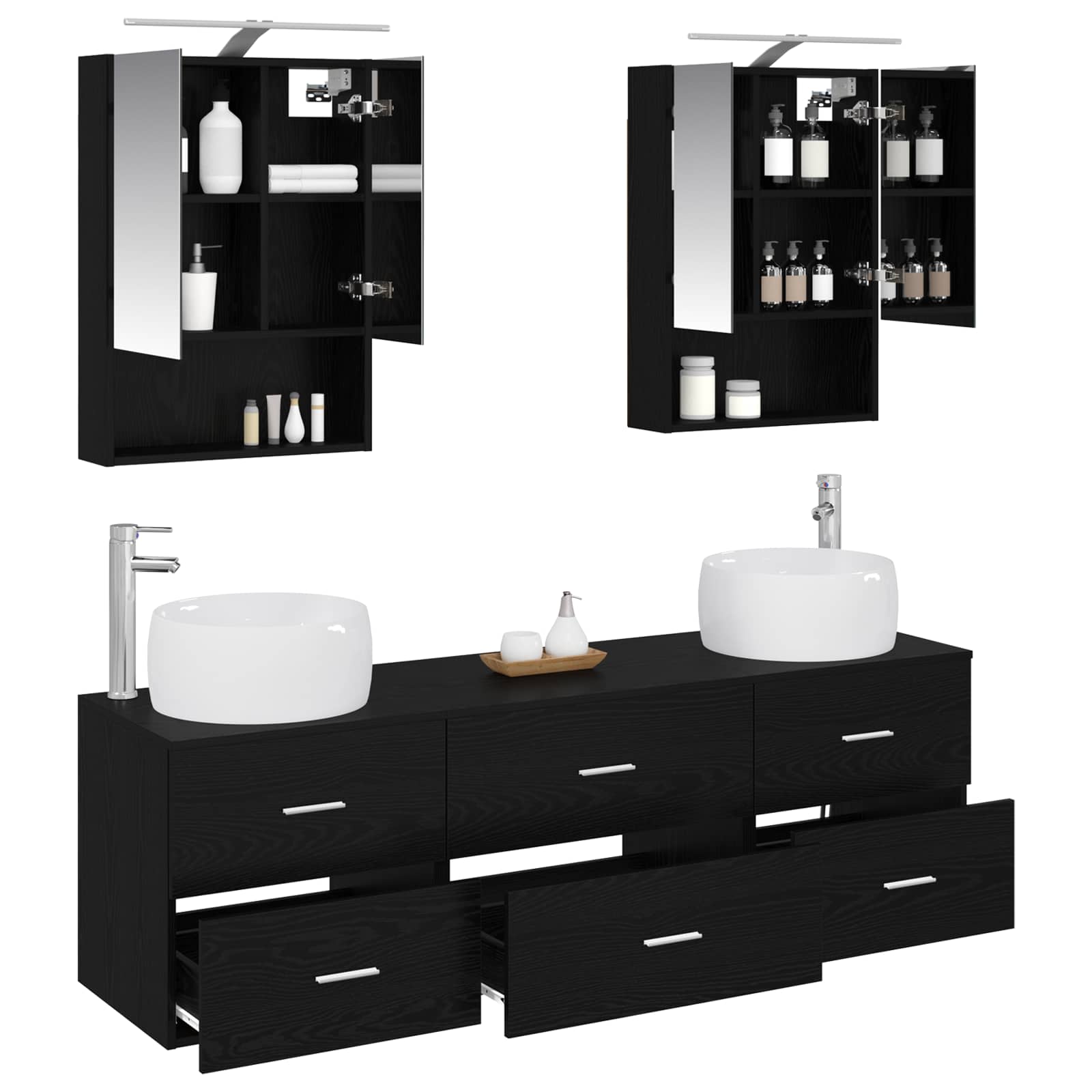 Badkamermeubelset 5 pcs Zwart eiken Bewerkt hout en glas is nu te koop bij PeponiXL, paradijselijk wonen!