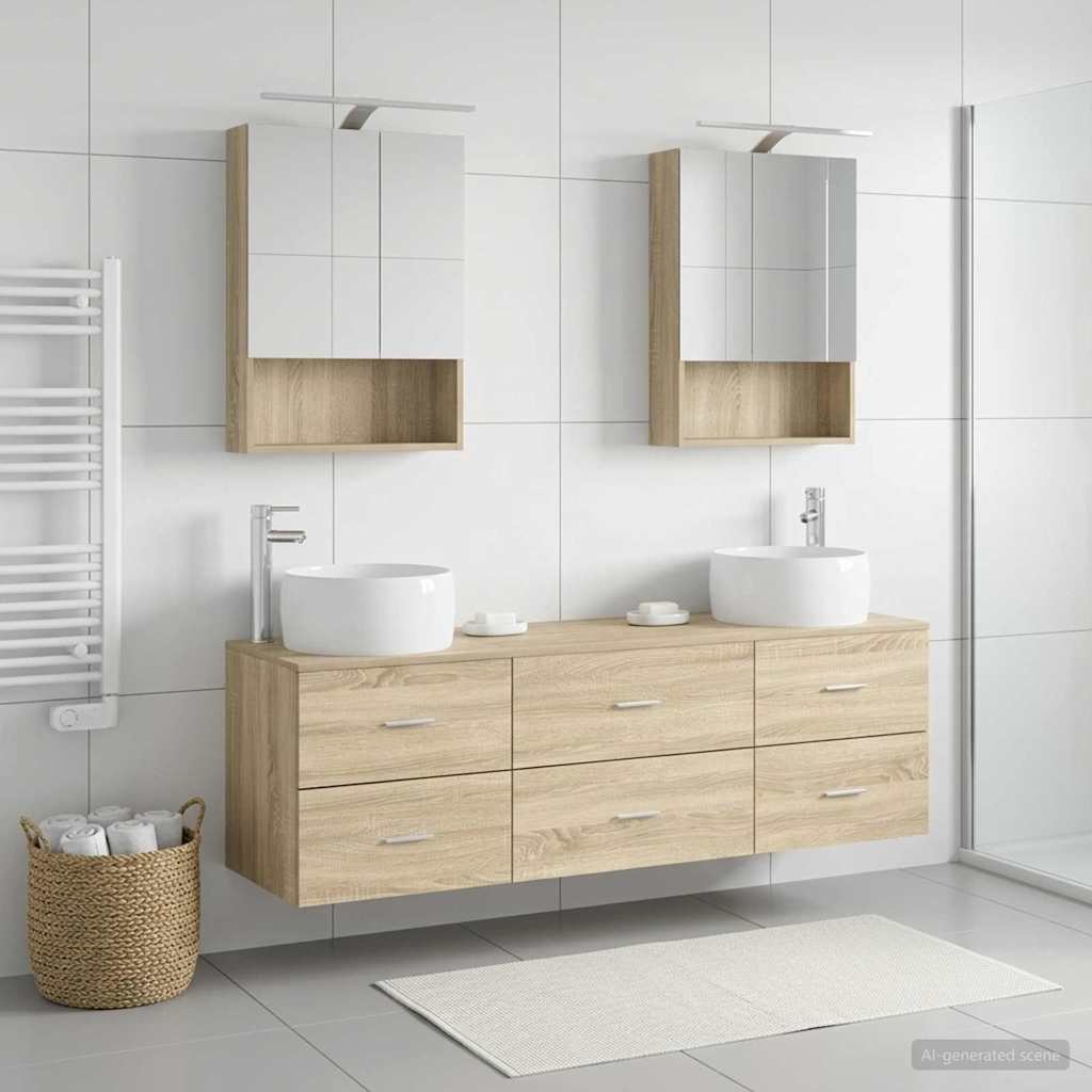 Badkamermeubelset 5 pcs Sonoma Eiken Bewerkt hout en glas is nu te koop bij PeponiXL, paradijselijk wonen!