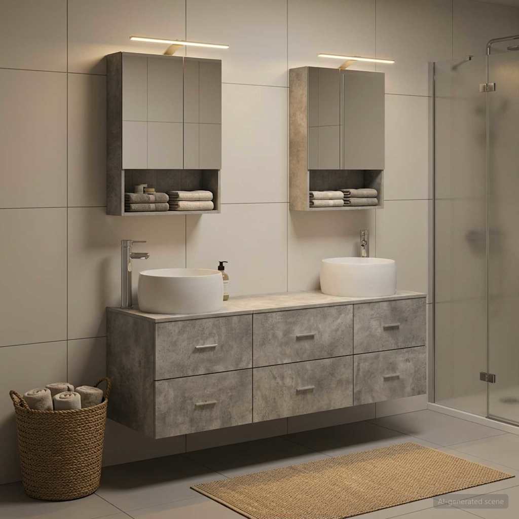 Badkamermeubelset 5 pcs Betongrijs Bewerkt hout en glas is nu te koop bij PeponiXL, paradijselijk wonen!