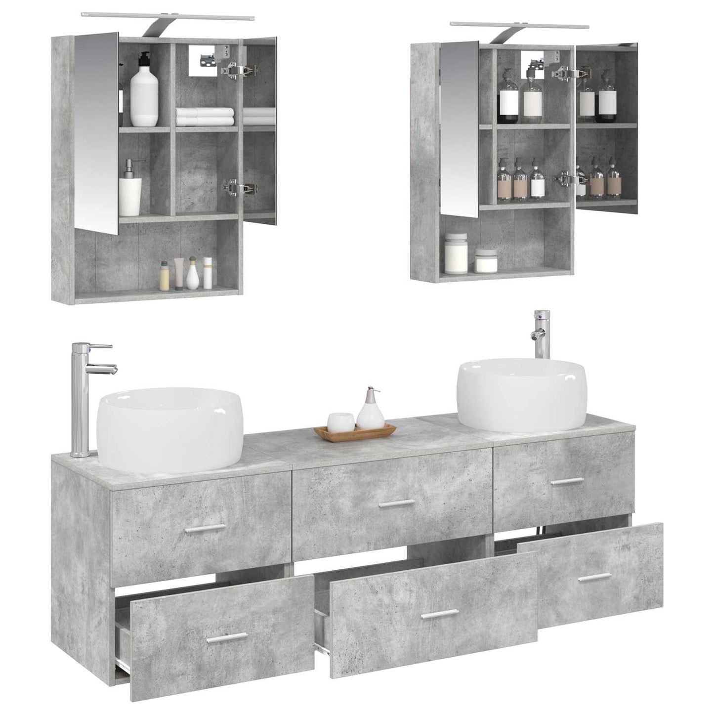 Badkamermeubelset 5 pcs Betongrijs Bewerkt hout en glas is nu te koop bij PeponiXL, paradijselijk wonen!