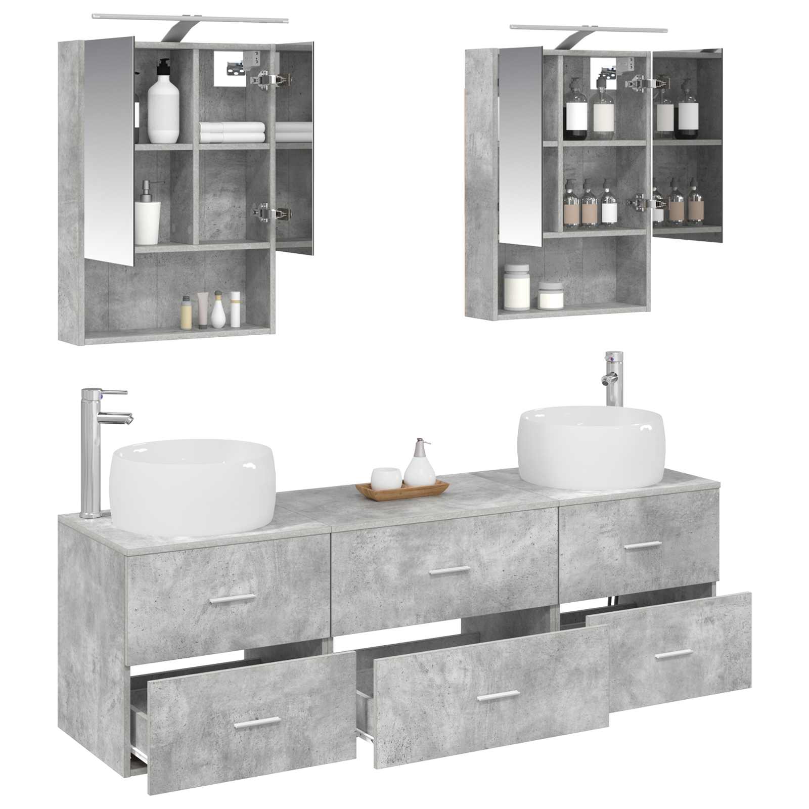 Badkamermeubelset 5 pcs Betongrijs Bewerkt hout en glas is nu te koop bij PeponiXL, paradijselijk wonen!