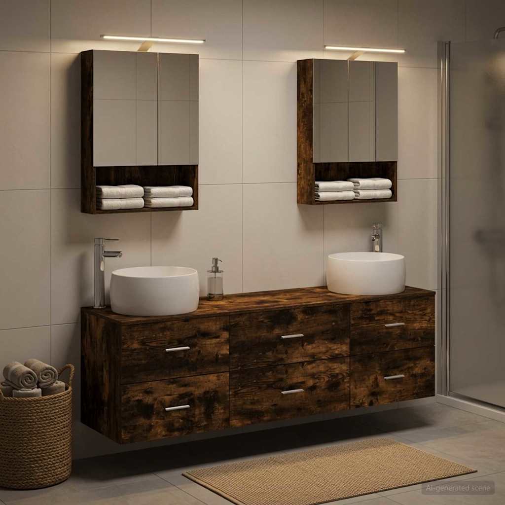Badkamermeubelset 5 pcs Gerookt eiken Bewerkt hout en glas is nu te koop bij PeponiXL, paradijselijk wonen!