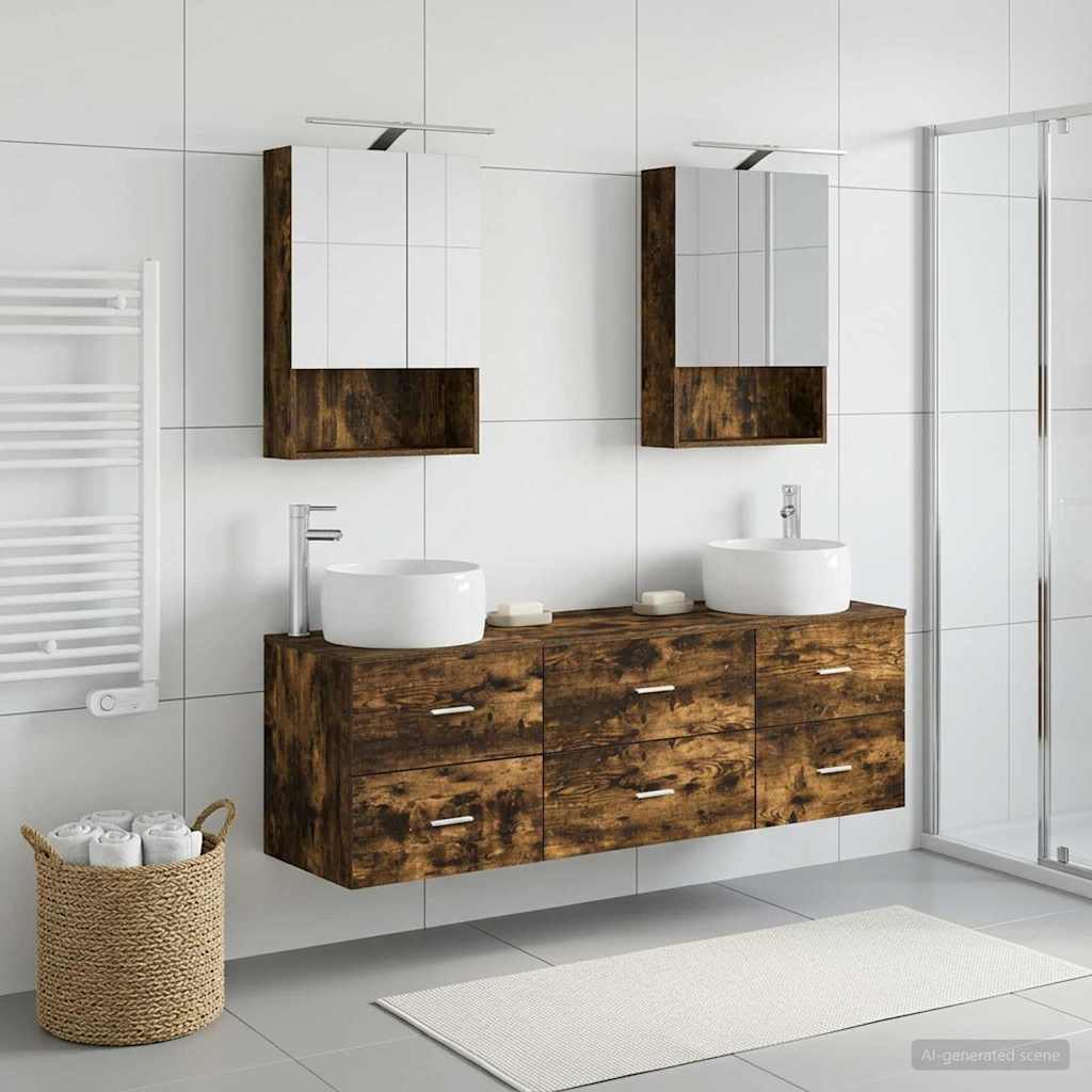 Badkamermeubelset 5 pcs Gerookt eiken Bewerkt hout en glas is nu te koop bij PeponiXL, paradijselijk wonen!