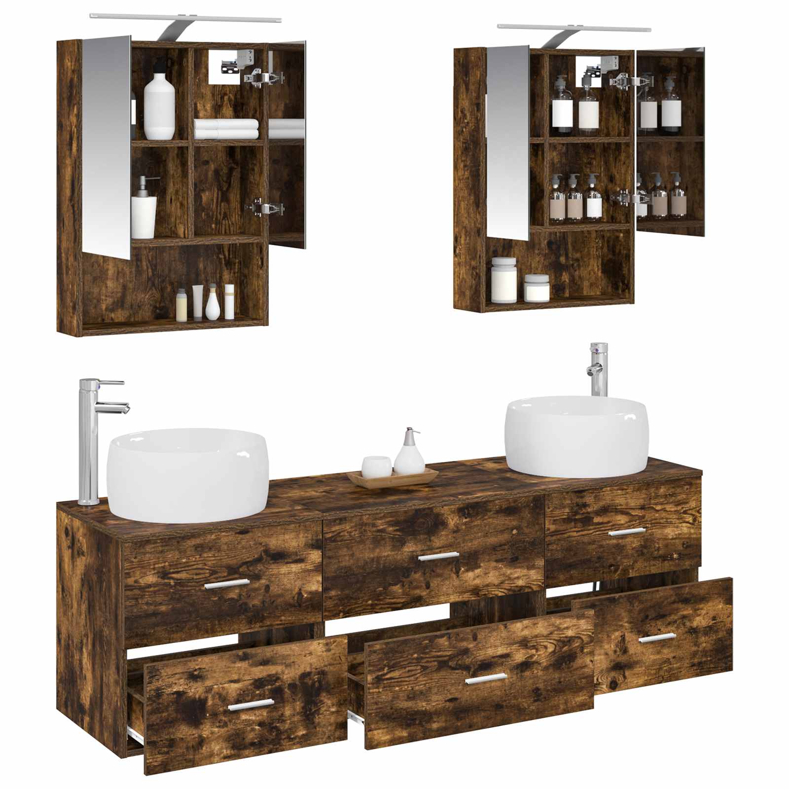 Badkamermeubelset 5 pcs Gerookt eiken Bewerkt hout en glas is nu te koop bij PeponiXL, paradijselijk wonen!
