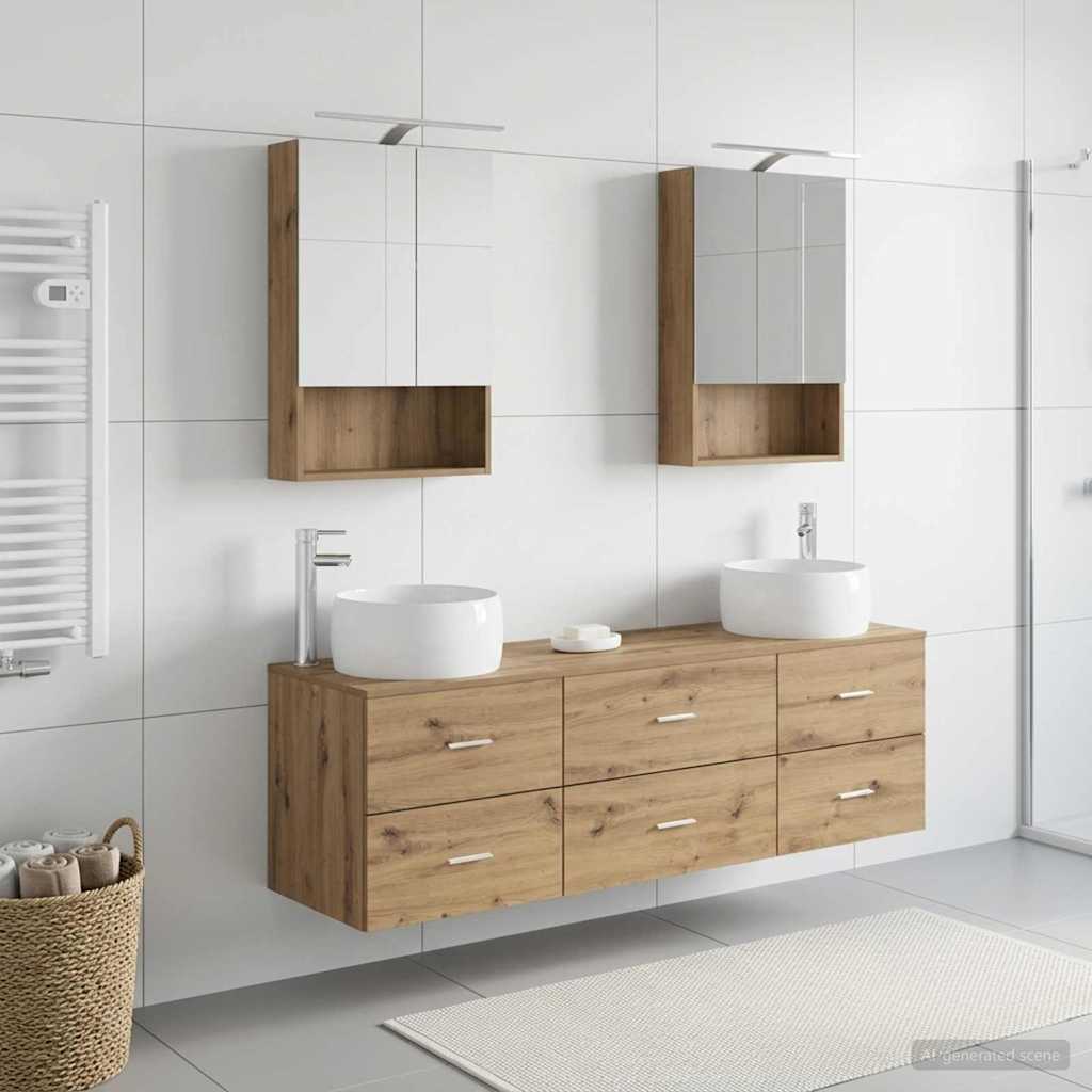 Badkamermeubelset 5 pcs Artisanaal eiken Bewerkt hout en glas is nu te koop bij PeponiXL, paradijselijk wonen!