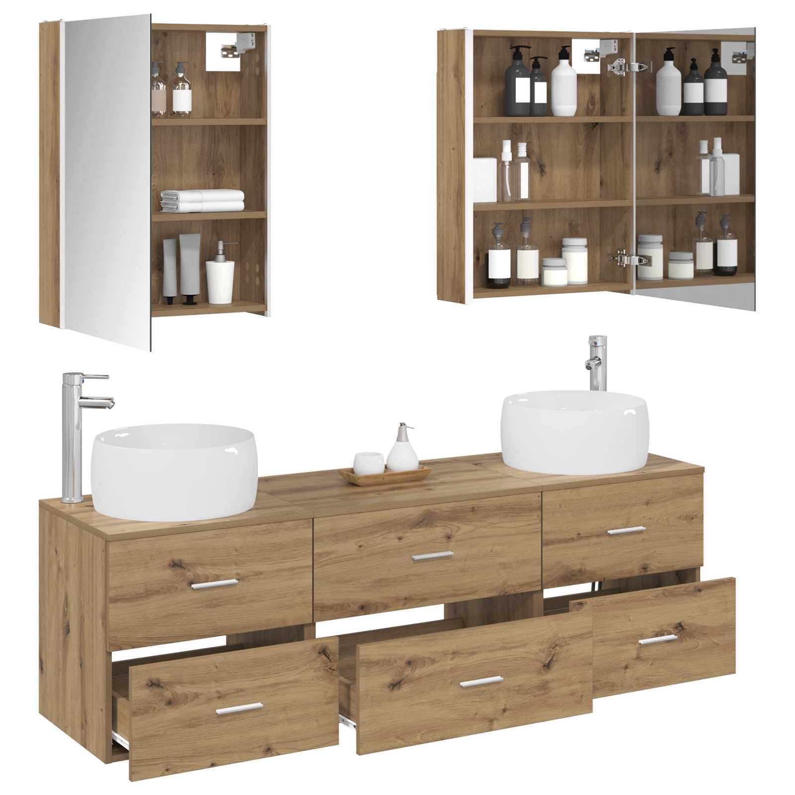 Badkamermeubelset 5 st Artisanaal eiken Bewerkt hout en glas is nu te koop bij PeponiXL, paradijselijk wonen!