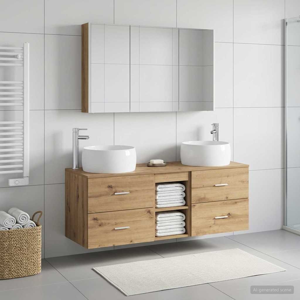 Badkamermeubelset 4 st Artisanaal eiken Bewerkt hout en glas is nu te koop bij PeponiXL, paradijselijk wonen!