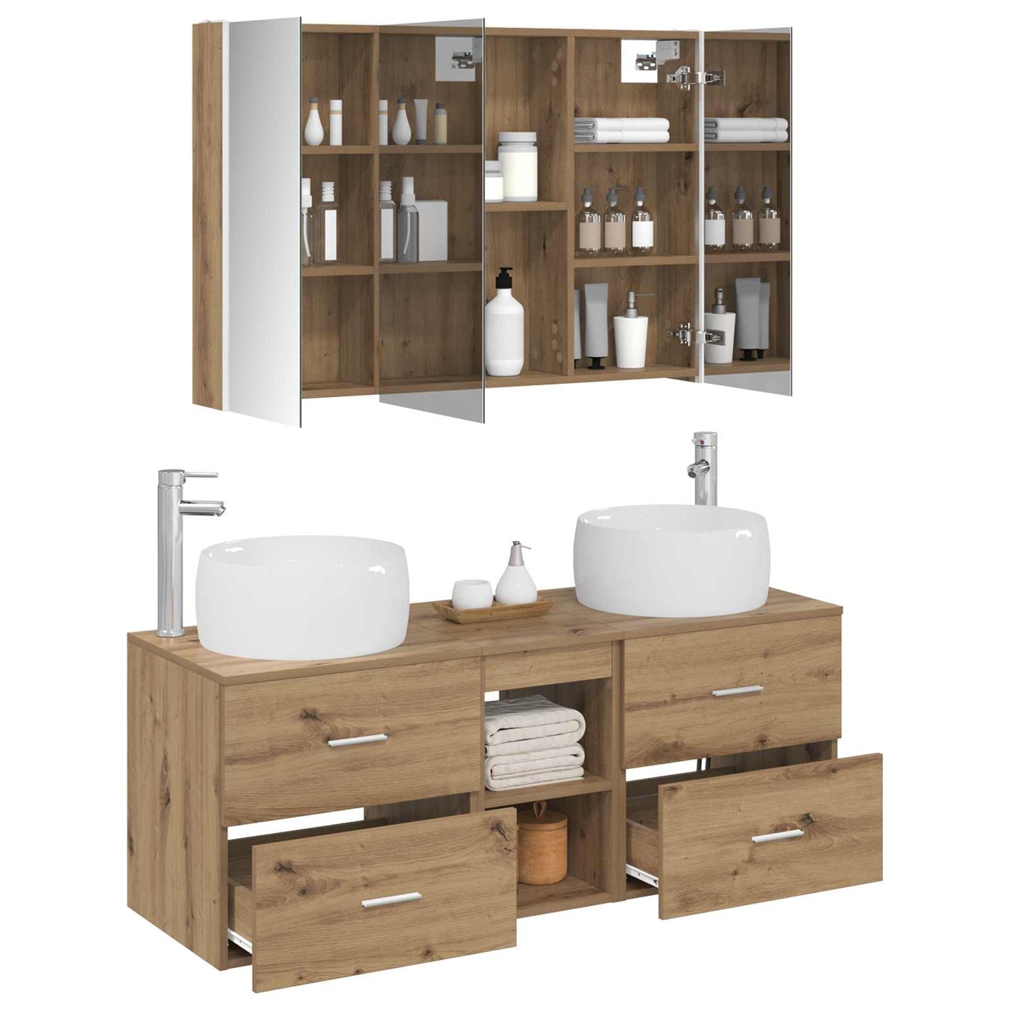 Badkamermeubelset 4 st Artisanaal eiken Bewerkt hout en glas is nu te koop bij PeponiXL, paradijselijk wonen!