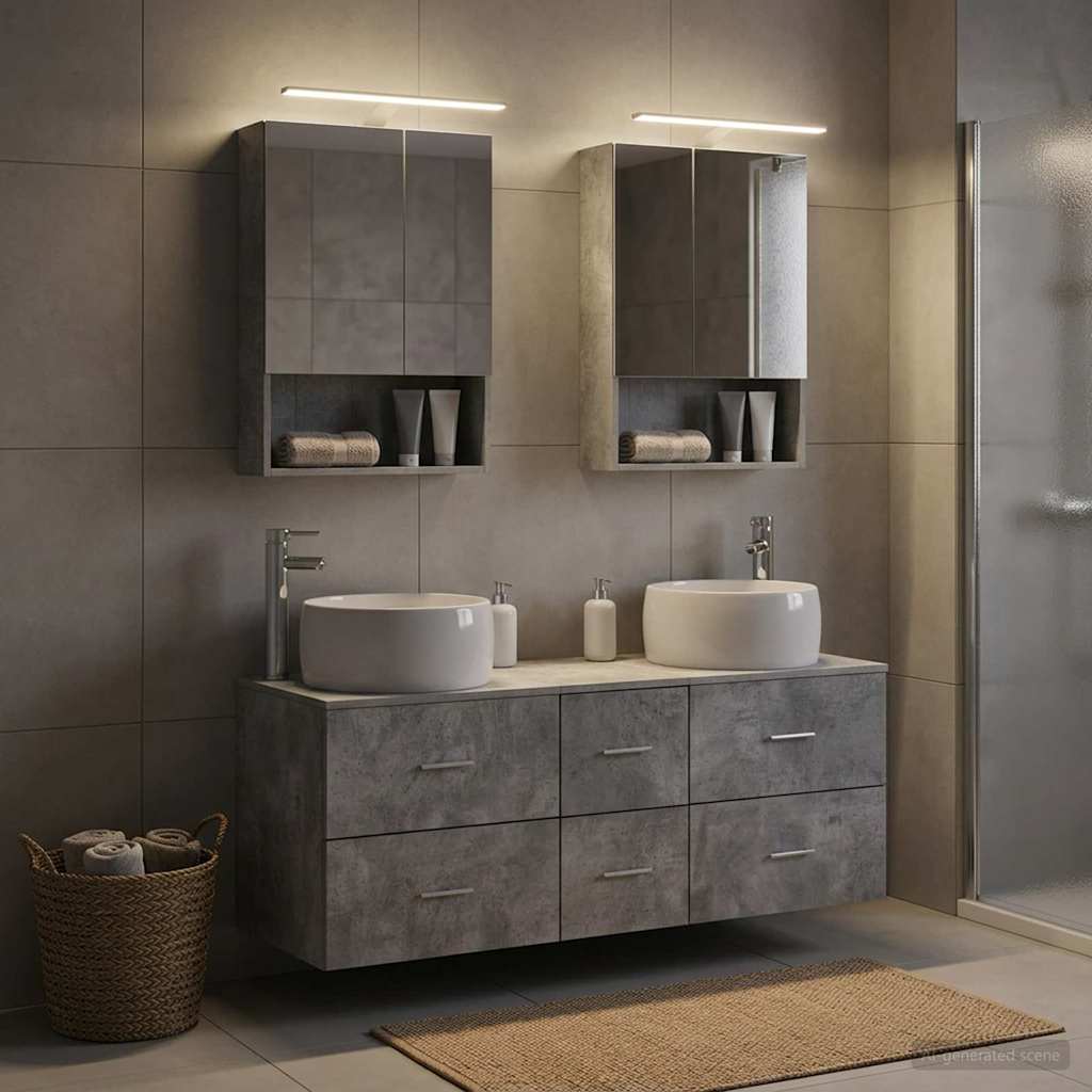 Badkamermeubelset 5 pcs Betongrijs Bewerkt hout en glas is nu te koop bij PeponiXL, paradijselijk wonen!