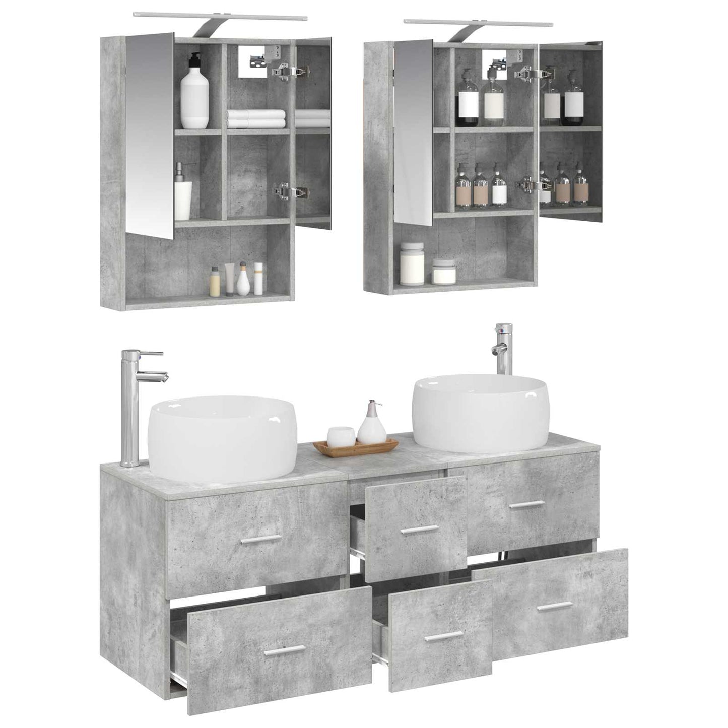 Badkamermeubelset 5 pcs Betongrijs Bewerkt hout en glas is nu te koop bij PeponiXL, paradijselijk wonen!
