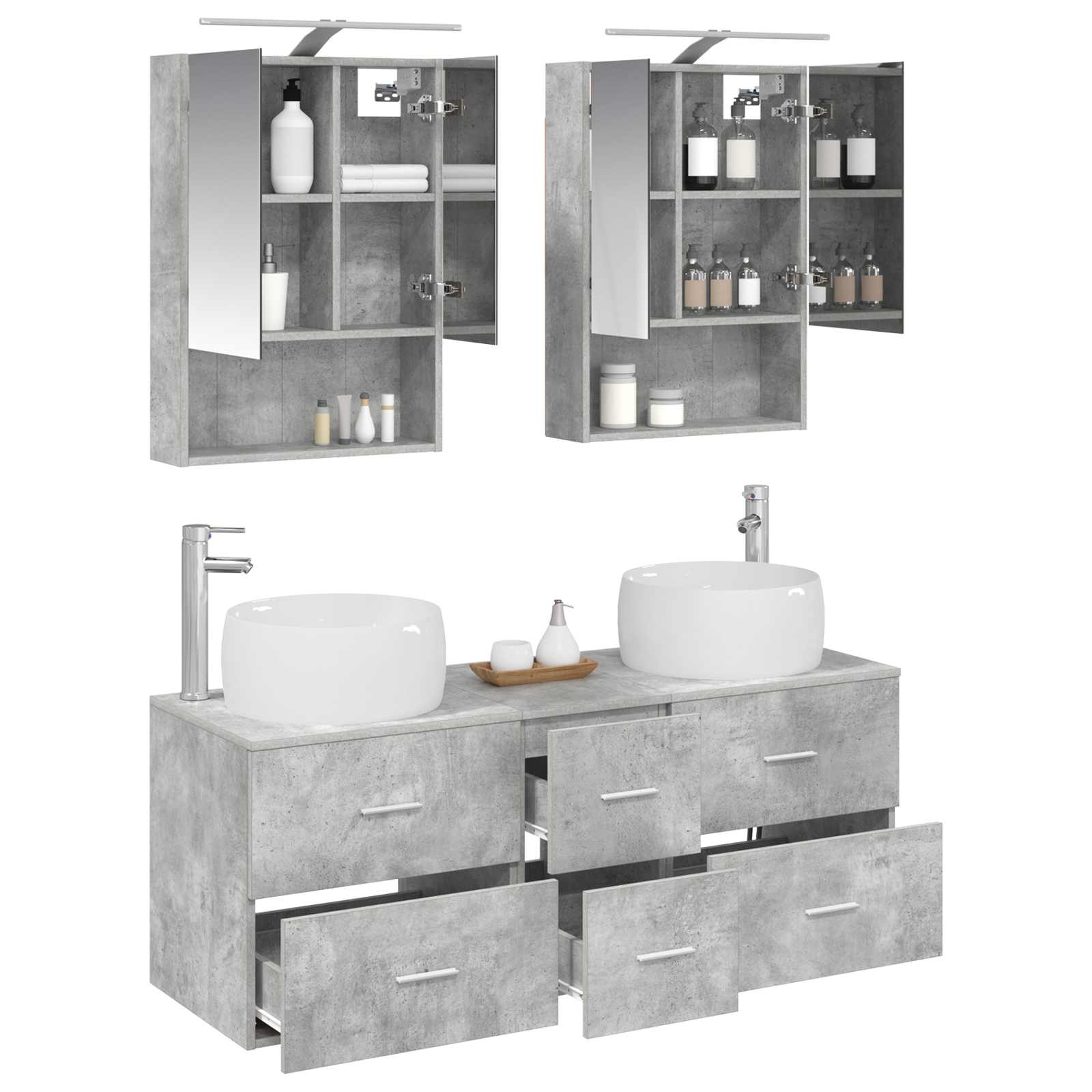 Badkamermeubelset 5 pcs Betongrijs Bewerkt hout en glas is nu te koop bij PeponiXL, paradijselijk wonen!