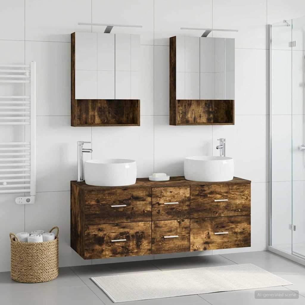 Badkamermeubelset 5 pcs Gerookt eiken Bewerkt hout en glas is nu te koop bij PeponiXL, paradijselijk wonen!