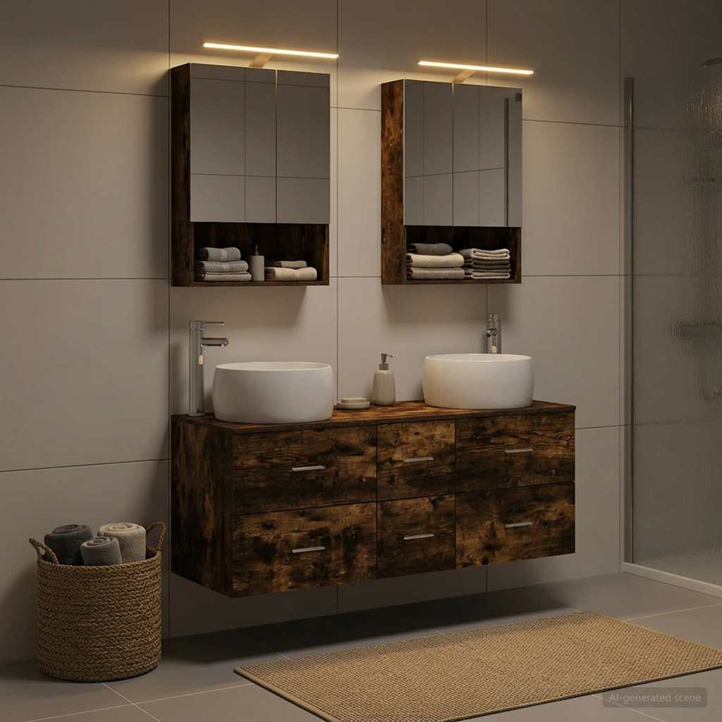 Badkamermeubelset 5 pcs Gerookt eiken Bewerkt hout en glas is nu te koop bij PeponiXL, paradijselijk wonen!