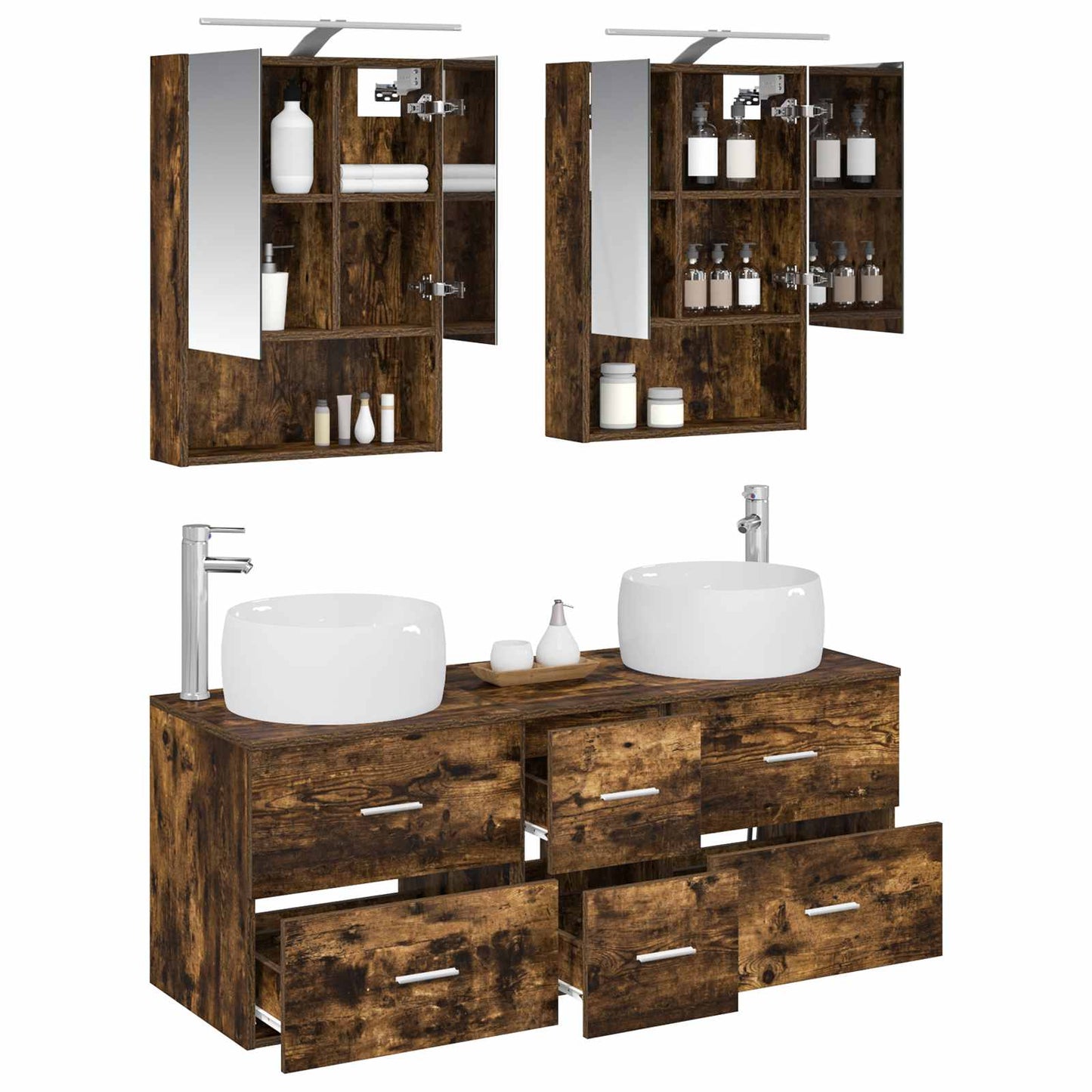 Badkamermeubelset 5 pcs Gerookt eiken Bewerkt hout en glas is nu te koop bij PeponiXL, paradijselijk wonen!