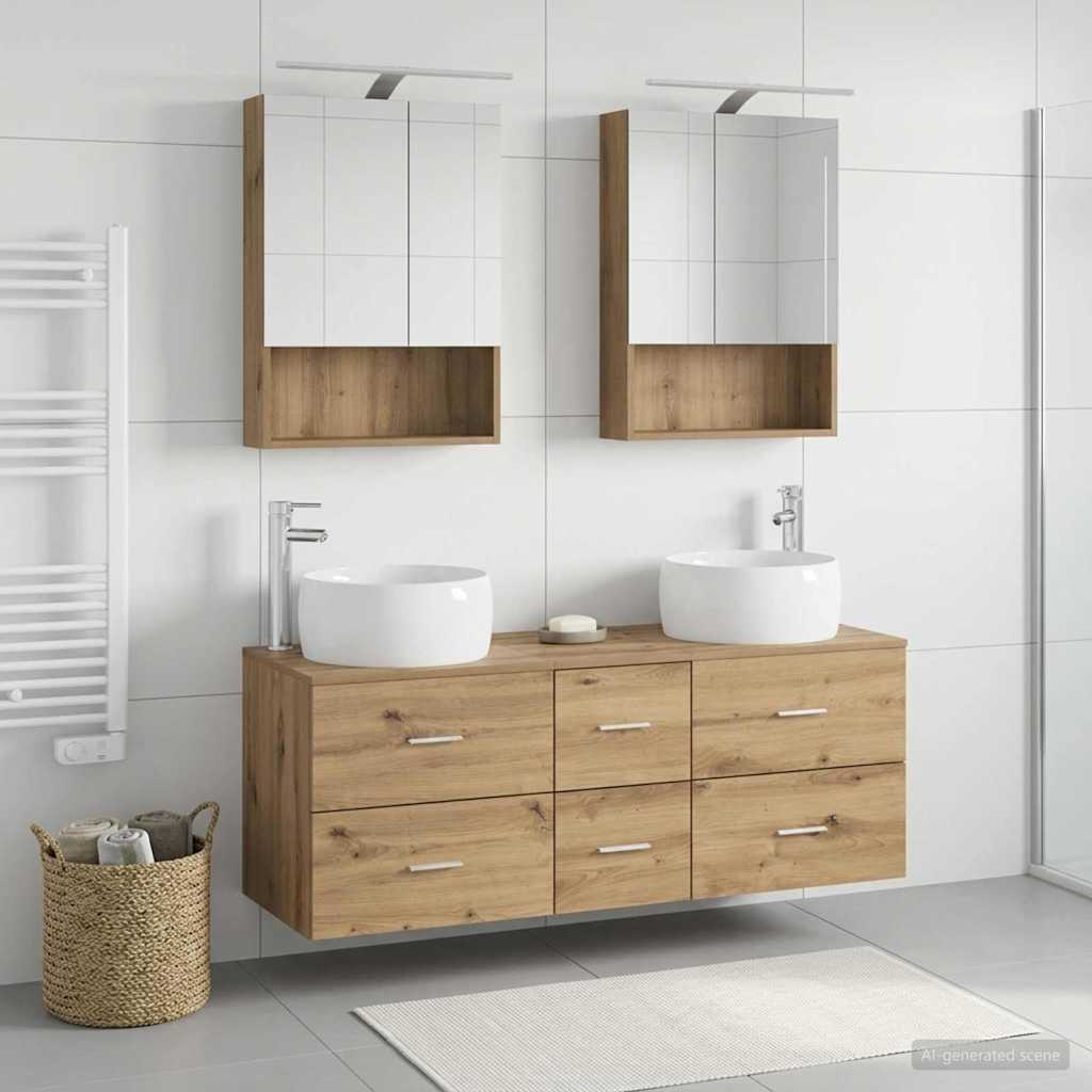Badkamermeubelset 5 pcs Artisanaal eiken Bewerkt hout en glas is nu te koop bij PeponiXL, paradijselijk wonen!