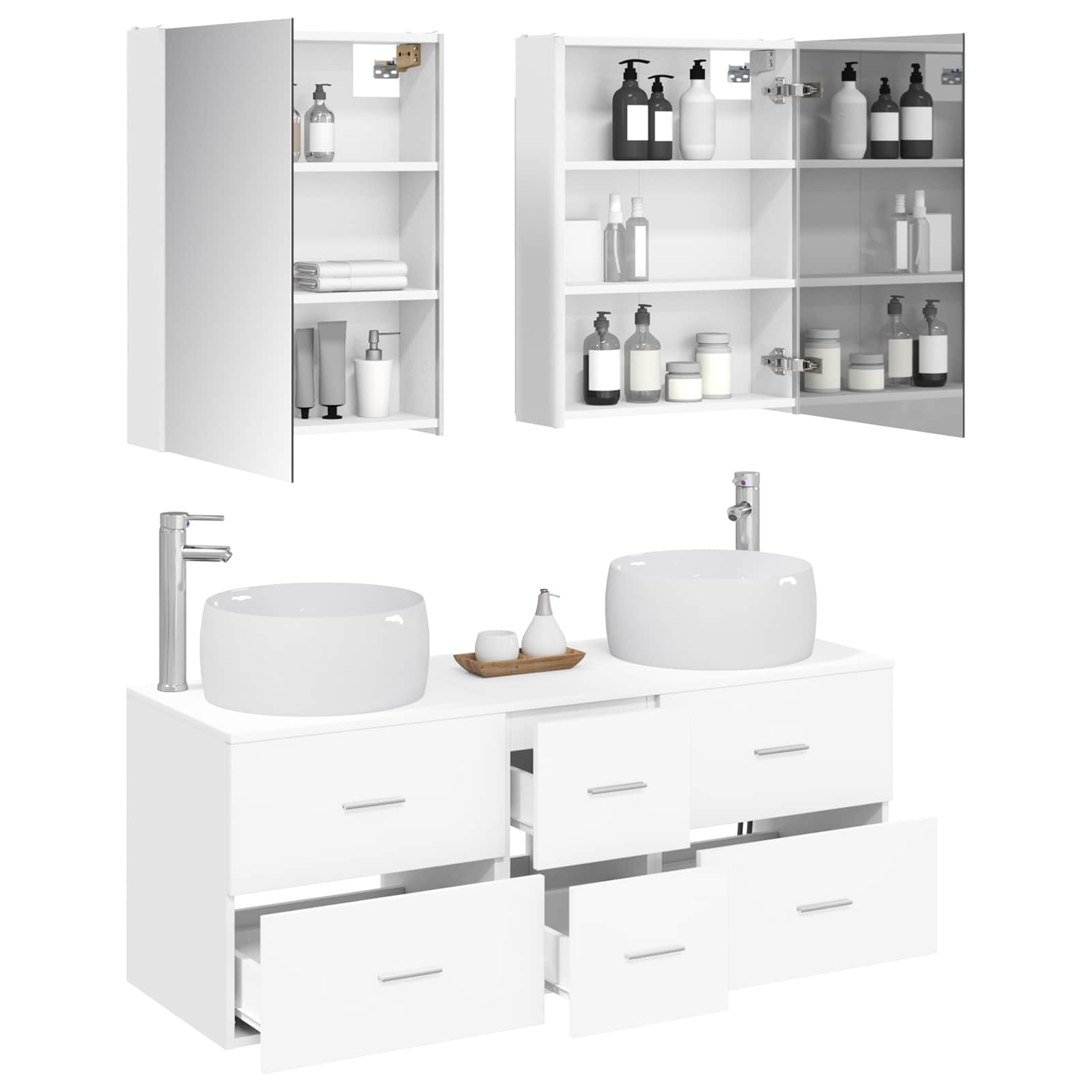 Badkamermeubelset 5 pcs Wit Bewerkt hout en glas is nu te koop bij PeponiXL, paradijselijk wonen!