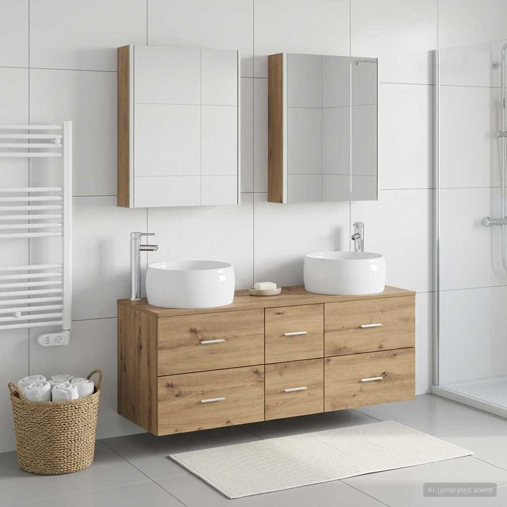Badkamermeubelset 5 st Artisanaal eiken Bewerkt hout en glas is nu te koop bij PeponiXL, paradijselijk wonen!