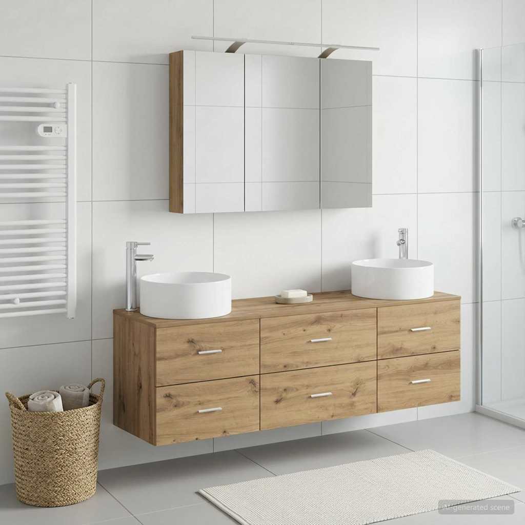 Badkamermeubelset 4 st Artisanaal eiken Bewerkt hout en glas is nu te koop bij PeponiXL, paradijselijk wonen!